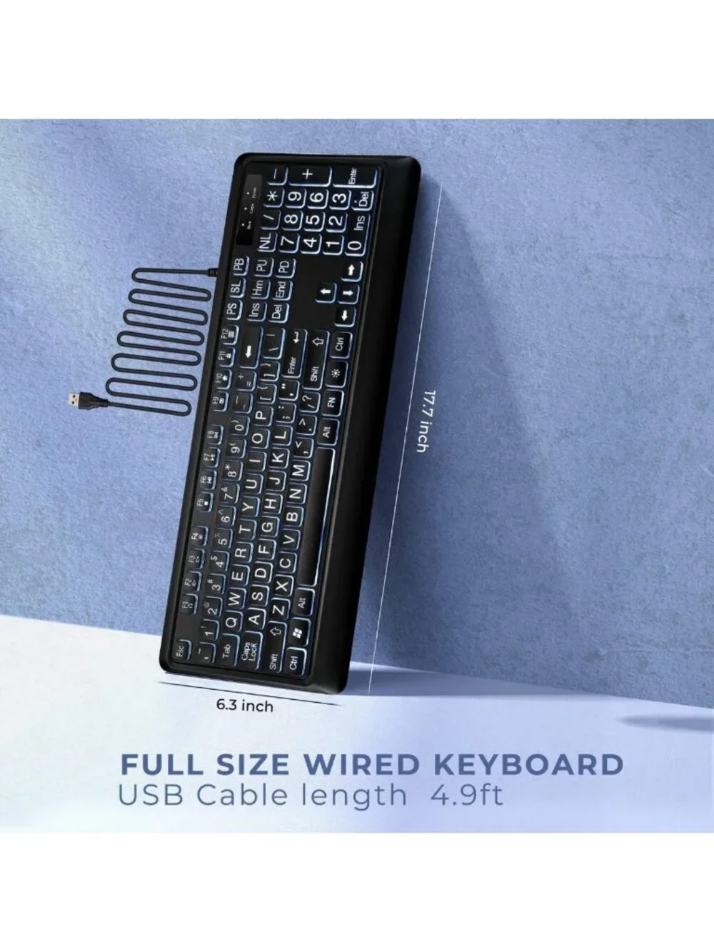 Large Print Backlit USB Wired Keyboard for Windows, PC & Gaming - Full Size, LED